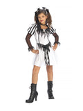 Girl wearing a white and black Punky Pirate dress with striped shoulders, sheer sleeves and skull hair bows