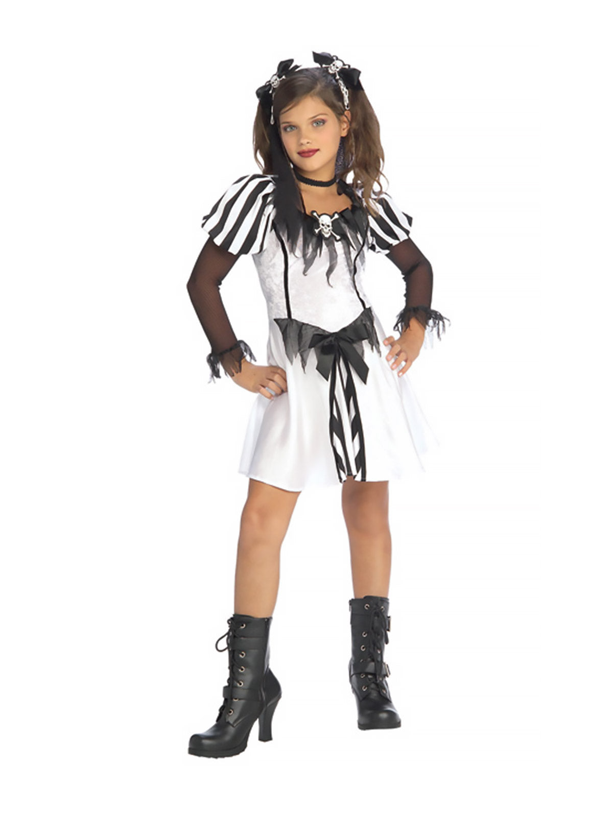 Girl wearing a white and black Punky Pirate dress with striped shoulders, sheer sleeves and skull hair bows