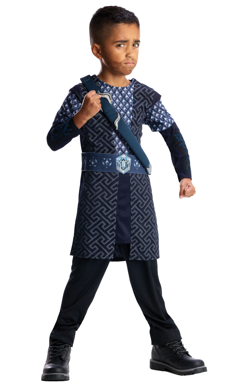 Boy wearing a Thorin tunic jacket with printed patterned design, 3D shoulder pieces and Hobbit emblem belt