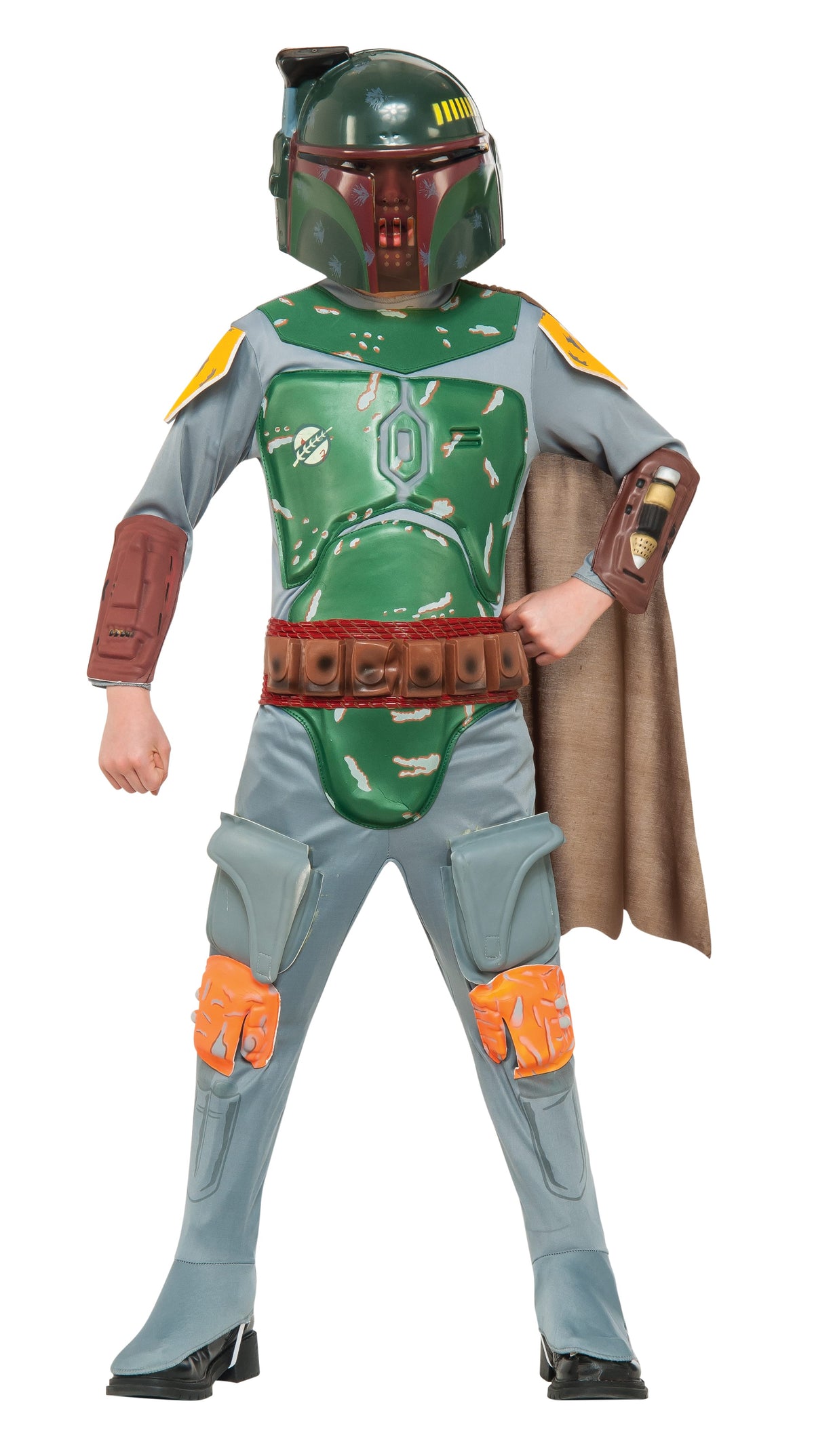 Boy in Star Wars Boba Fett jumpsuit with green foam chest armour, cape and helmet mask