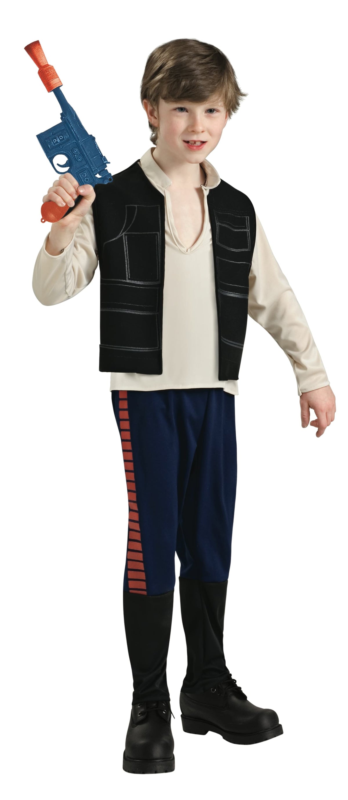 Boy in the Star Wars Han Solo Deluxe jumpsuit with a cream mock shirt, black vest print, blue pants and boot tops