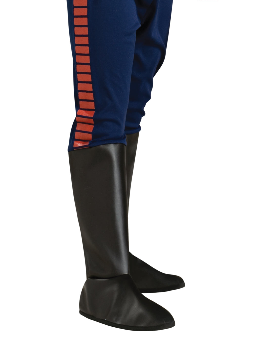 Close-up of Han Solo's blue pants with red side stripe and black boot tops