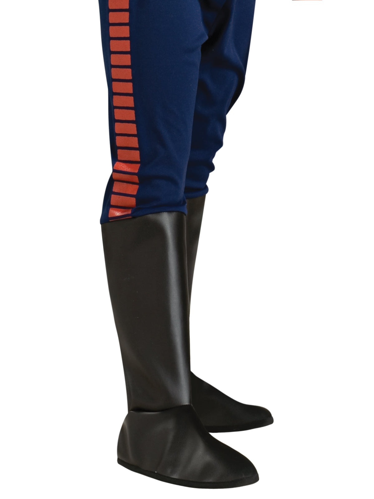 Close-up of Han Solo's blue pants with red side stripe and black boot tops