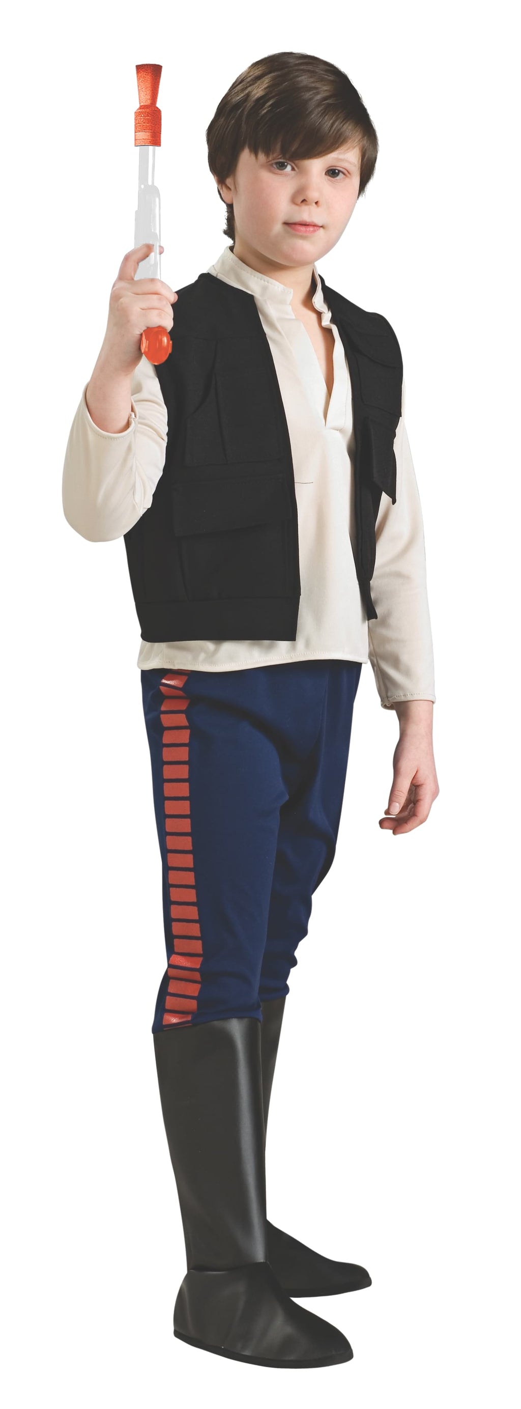 Boy in the Star Wars Han Solo costume with a white shirt, attached black vest, blue pants and boot tops