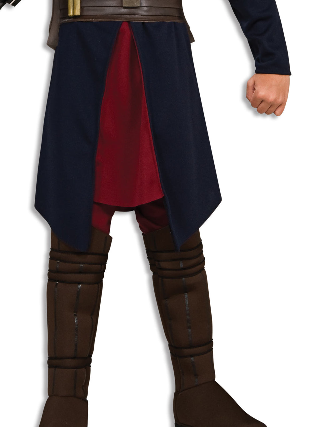 Close-up of the Anakin costume's navy and maroon tunic, utility belt and brown printed boot cuffs