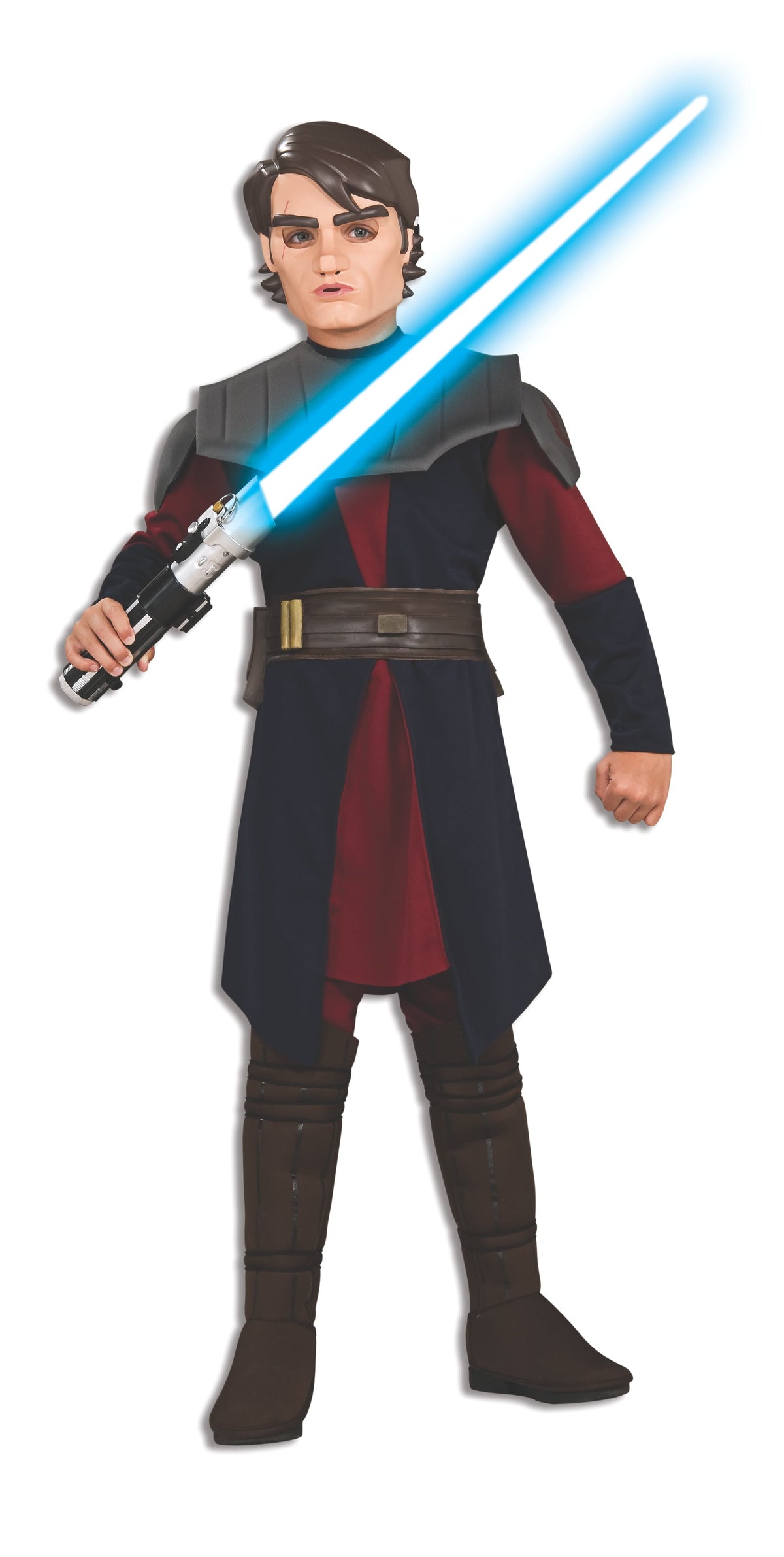 Boy in Star Wars Anakin Skywalker Clone Wars costume with navy and maroon tunic, brown belt and boot covers