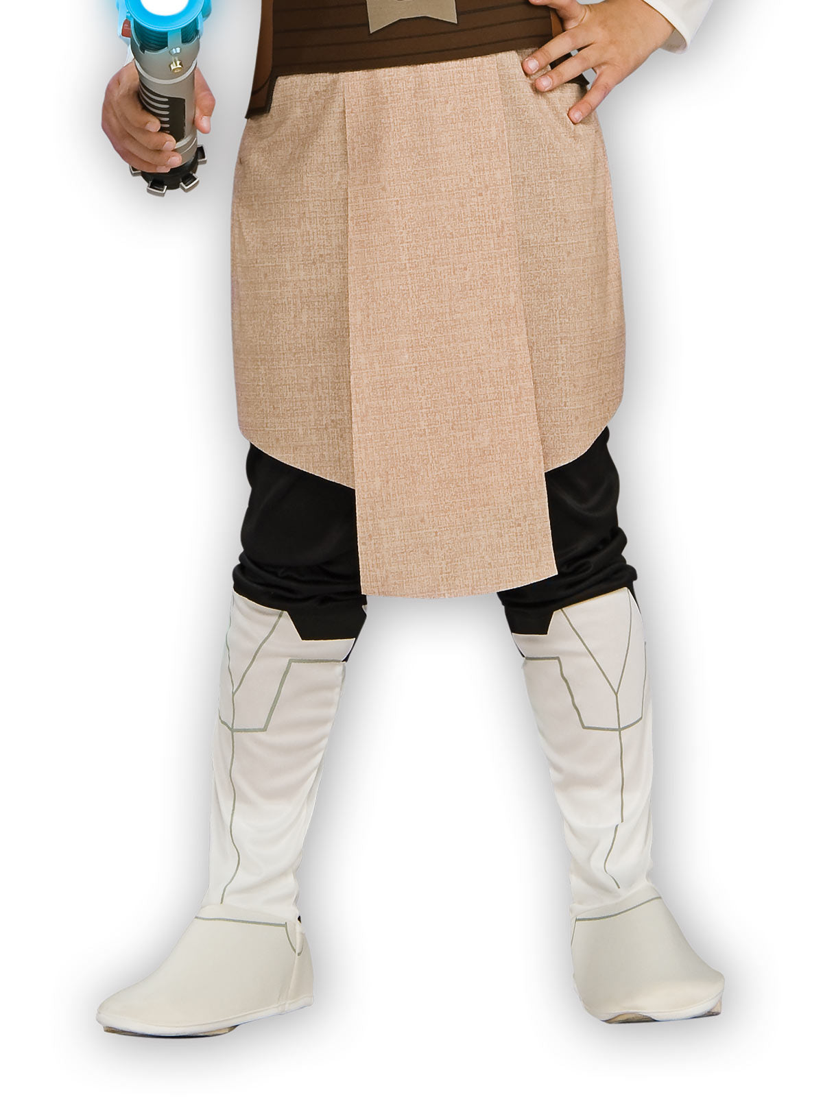 Close-up of the Obi-Wan Kenobi Armour tan tunic skirt, black pants and white printed boot tops