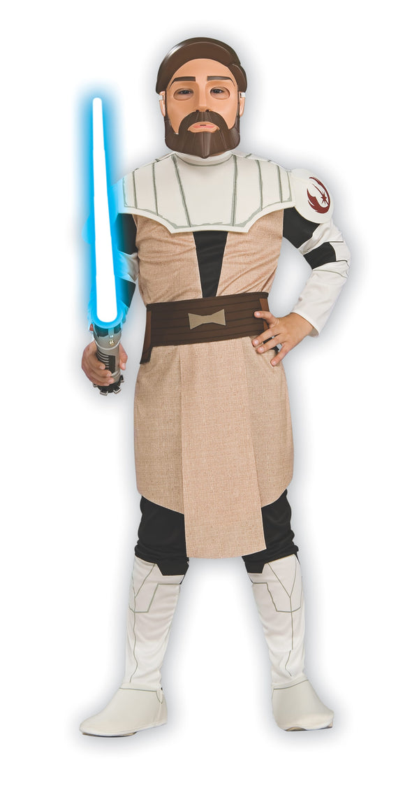 Boy in the Star Wars Obi-Wan Kenobi Armour costume with a tan tunic, white chest and shoulder armour and mask