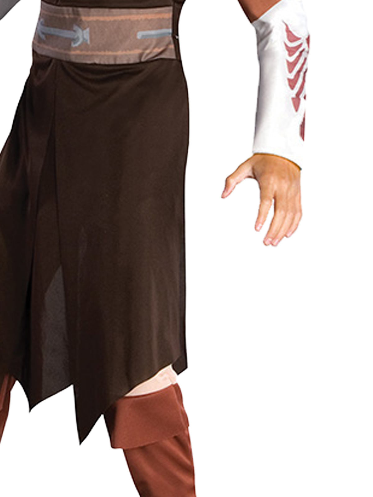 Close-up of the Plo Koon tunic's ragged hem, printed belt and attached boot tops