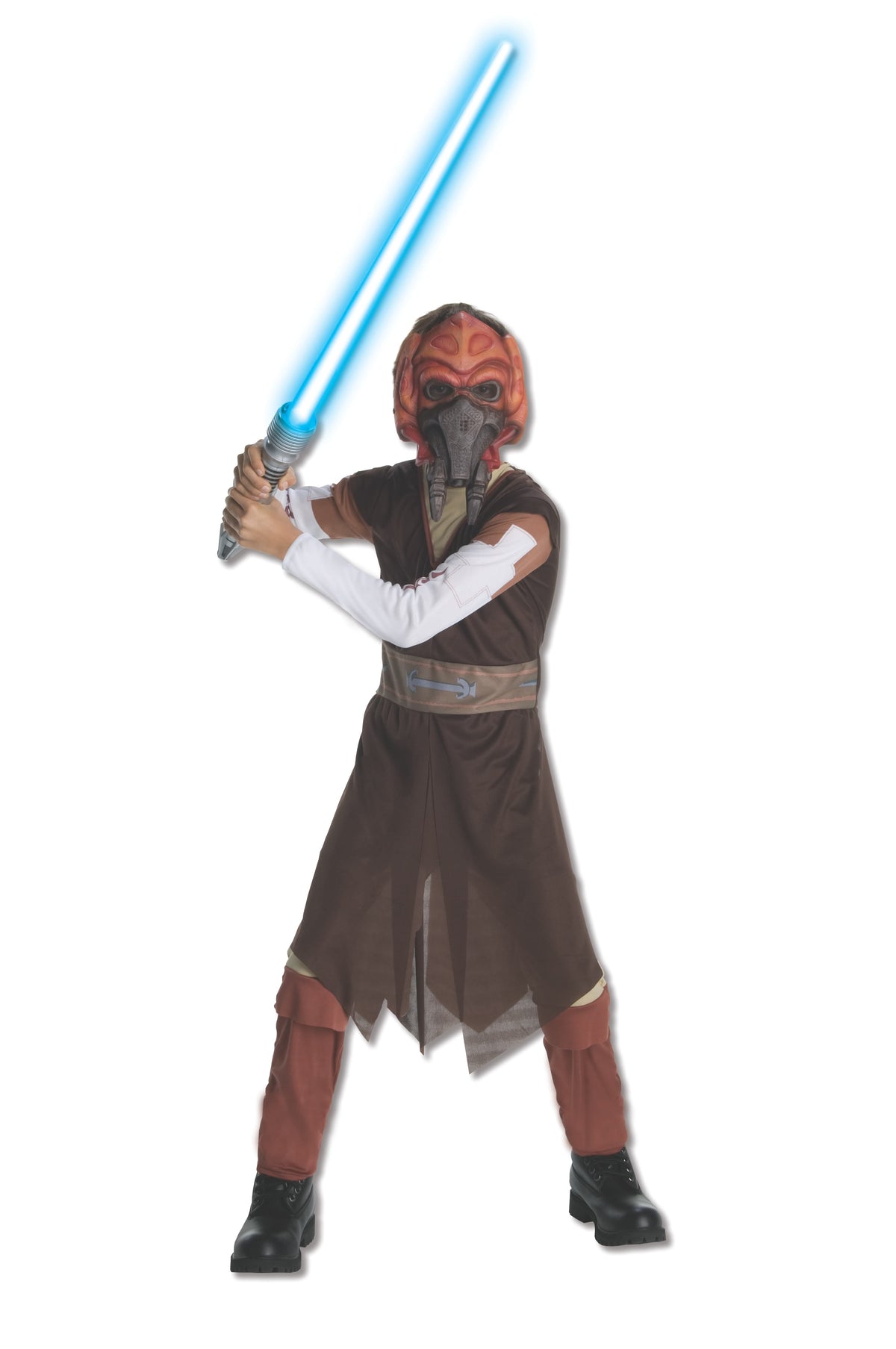 Child in a Plo Koon costume with moulded mask, brown hooded tunic, printed belt and boot-top pants