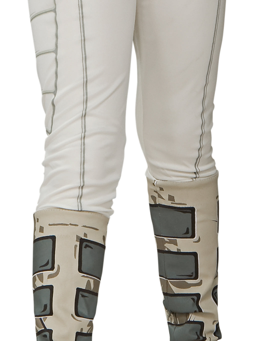 Close-up of the Padmé Amidala white jumpsuit legs with printed grey and tan shin guards