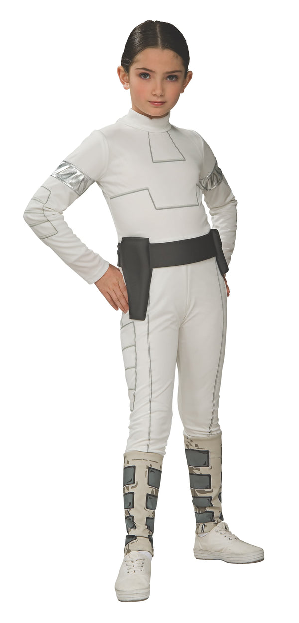 Girl in the Star Wars Padmé Amidala Classic white jumpsuit with printed shin guards, silver arm detail and belt