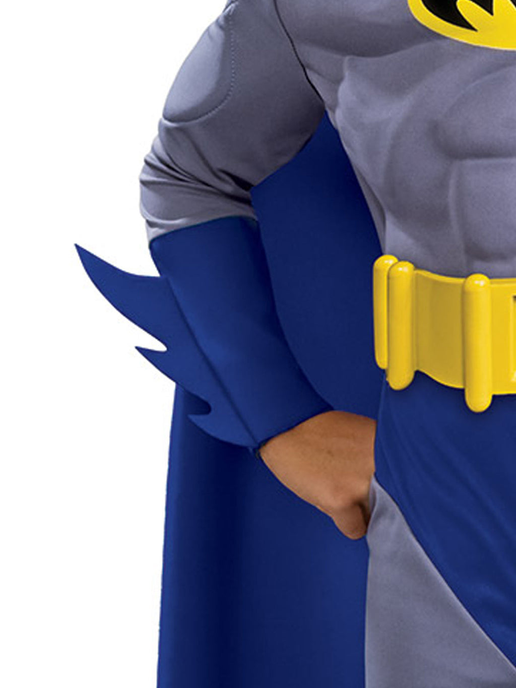 Close-up of the Batman muscle chest, yellow belt, blue gauntlet and scalloped blue cape