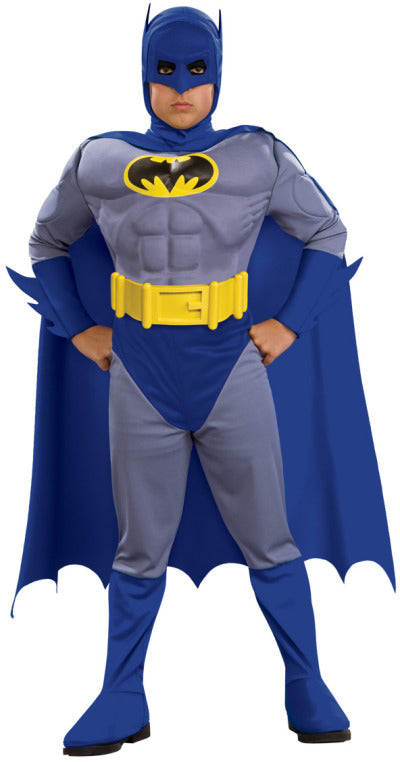 Boy in grey and blue Batman muscle chest jumpsuit with yellow bat emblem and belt, blue cape, cowl and boot tops