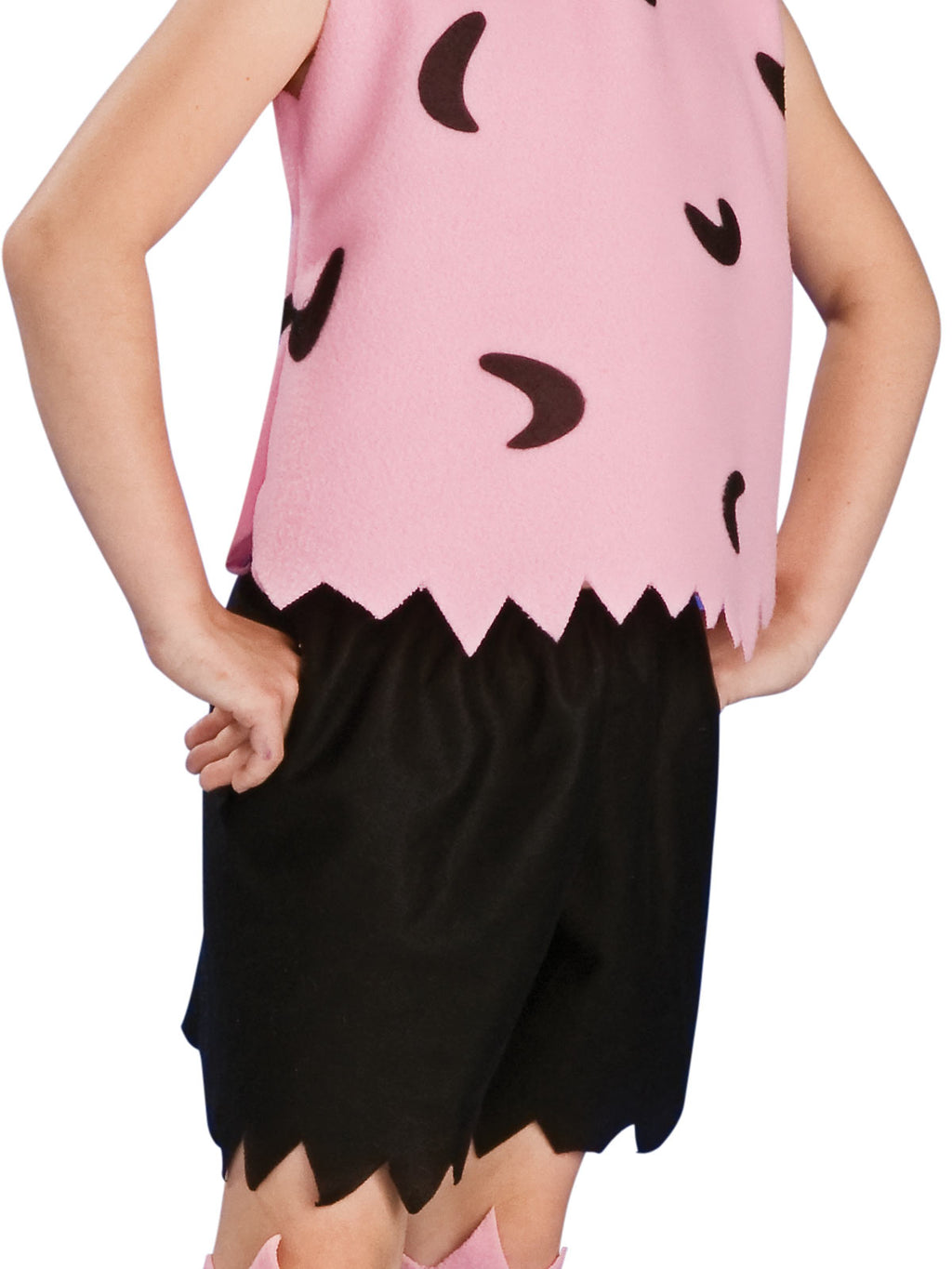 Close-up of the Pebbles pink zigzag-hem top with black pebble print and black jagged shorts