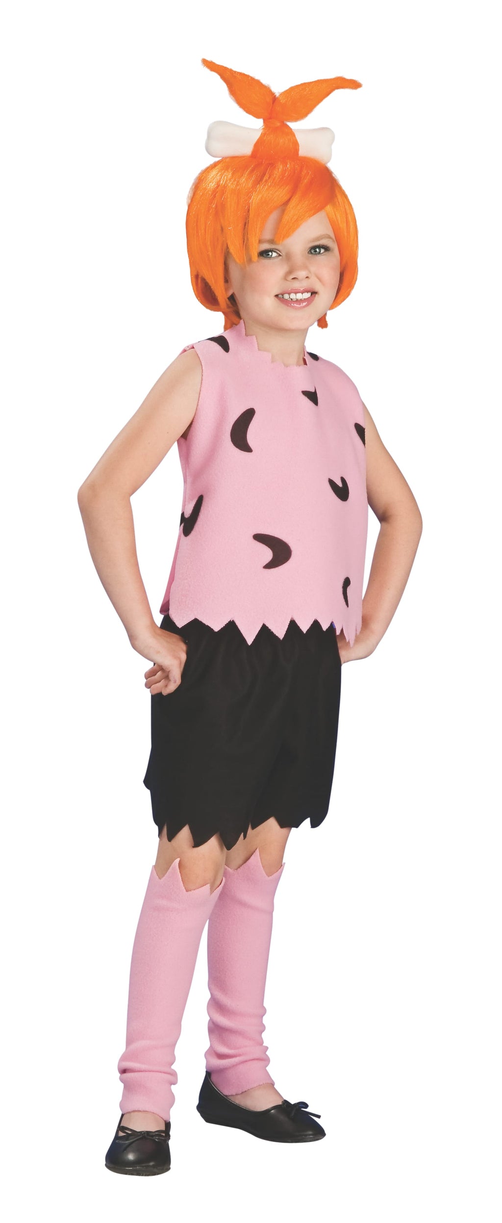 Girl in The Flintstones Pebbles costume with a pink zigzag top, black shorts, leg warmers and orange top-knot wig