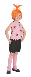 Girl in The Flintstones Pebbles costume with a pink zigzag top, black shorts, leg warmers and orange top-knot wig