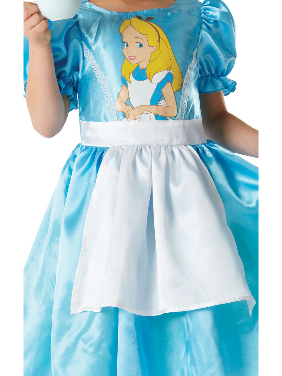 Close-up of the Alice dress bodice with Alice character print and white mock apron