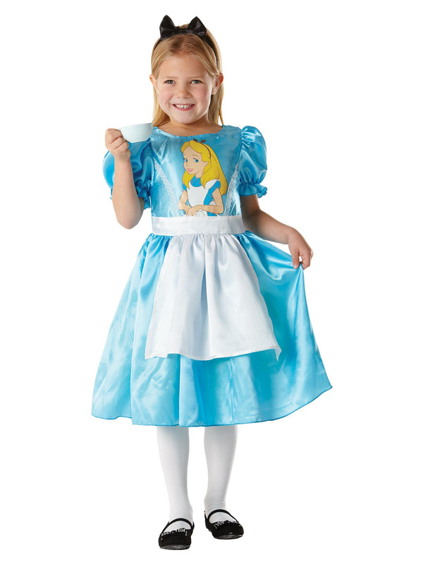 Girl in blue satin Alice in Wonderland dress with white apron, puff sleeves and Alice character print