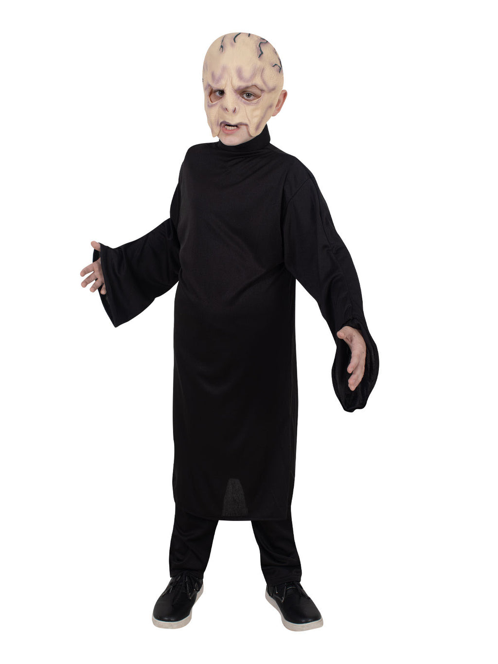 Boy in the Harry Potter Voldemort costume with a long black robe and pale bald-head mask