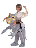 Child riding an inflatable grey Tauntaun suit with horned head and battery-fan inflation