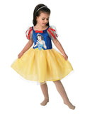 Toddler girl wearing a Snow White ballerina dress with character print bodice, red bow and yellow tulle skirt