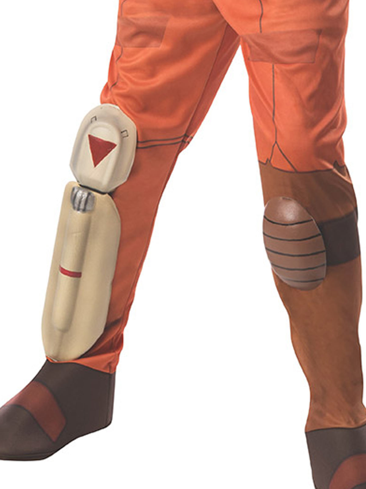 Close-up of the Ezra jumpsuit legs with moulded shin armour and boot tops