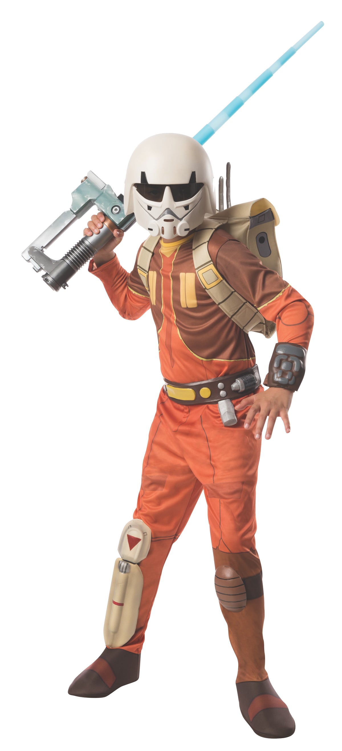 Boy in Star Wars Ezra orange jumpsuit with armour pieces, backpack and visor mask