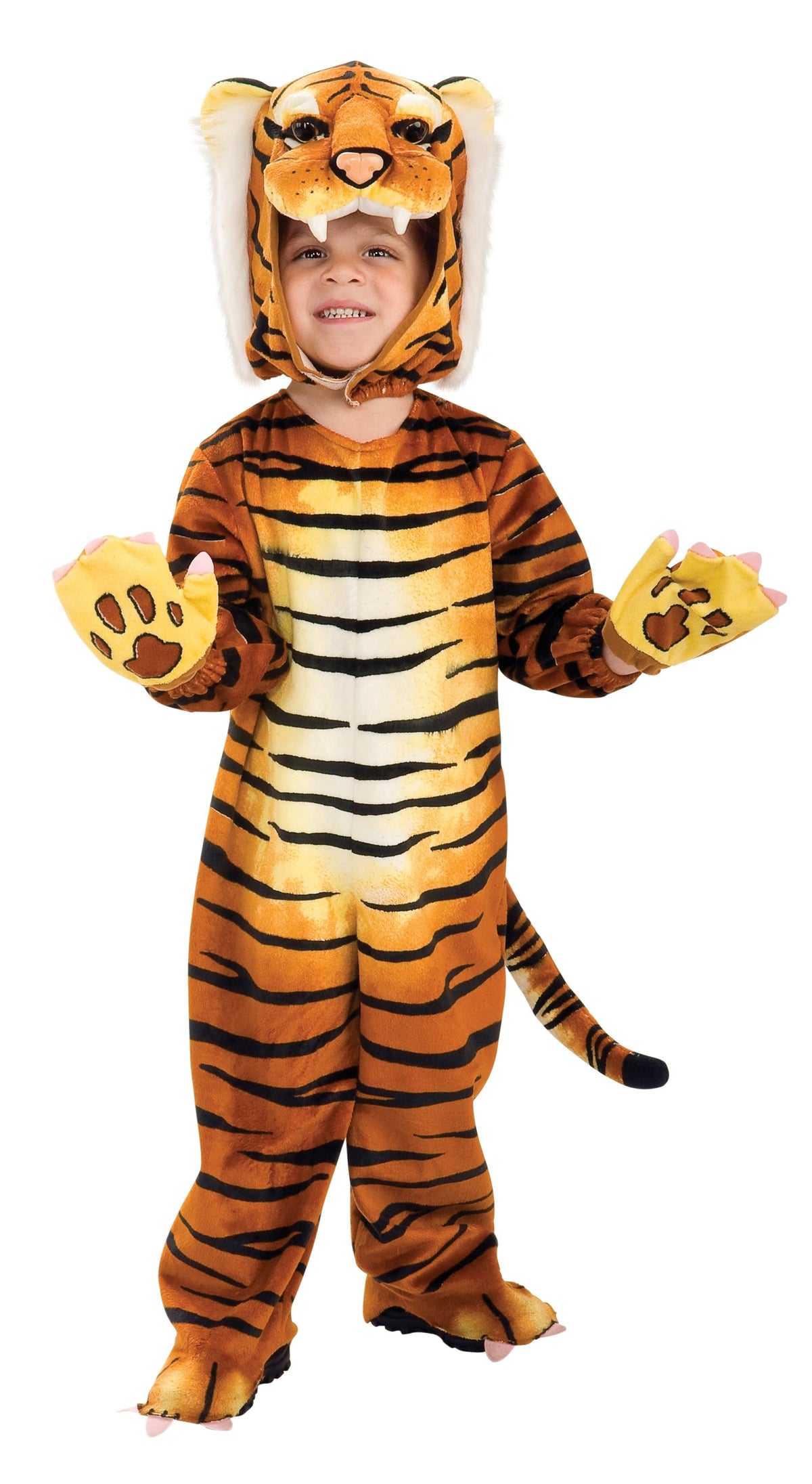 Toddler in a plush tiger jumpsuit with printed stripes, 3D tiger headpiece, clawed mittens and boot tops