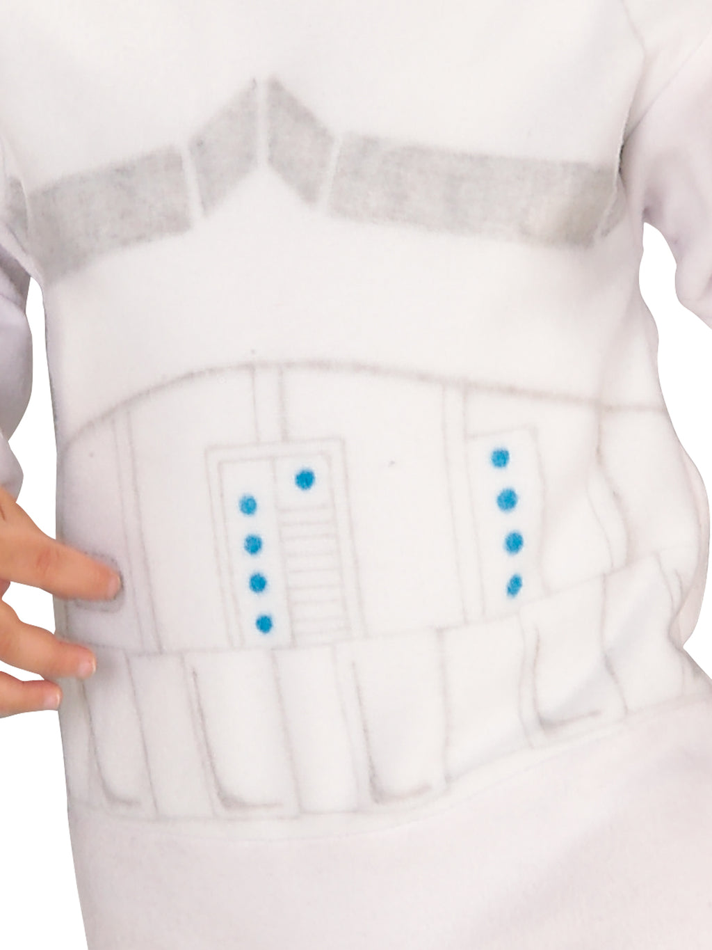Close-up of the Stormtrooper toddler jumpsuit's printed grey and blue armour detail