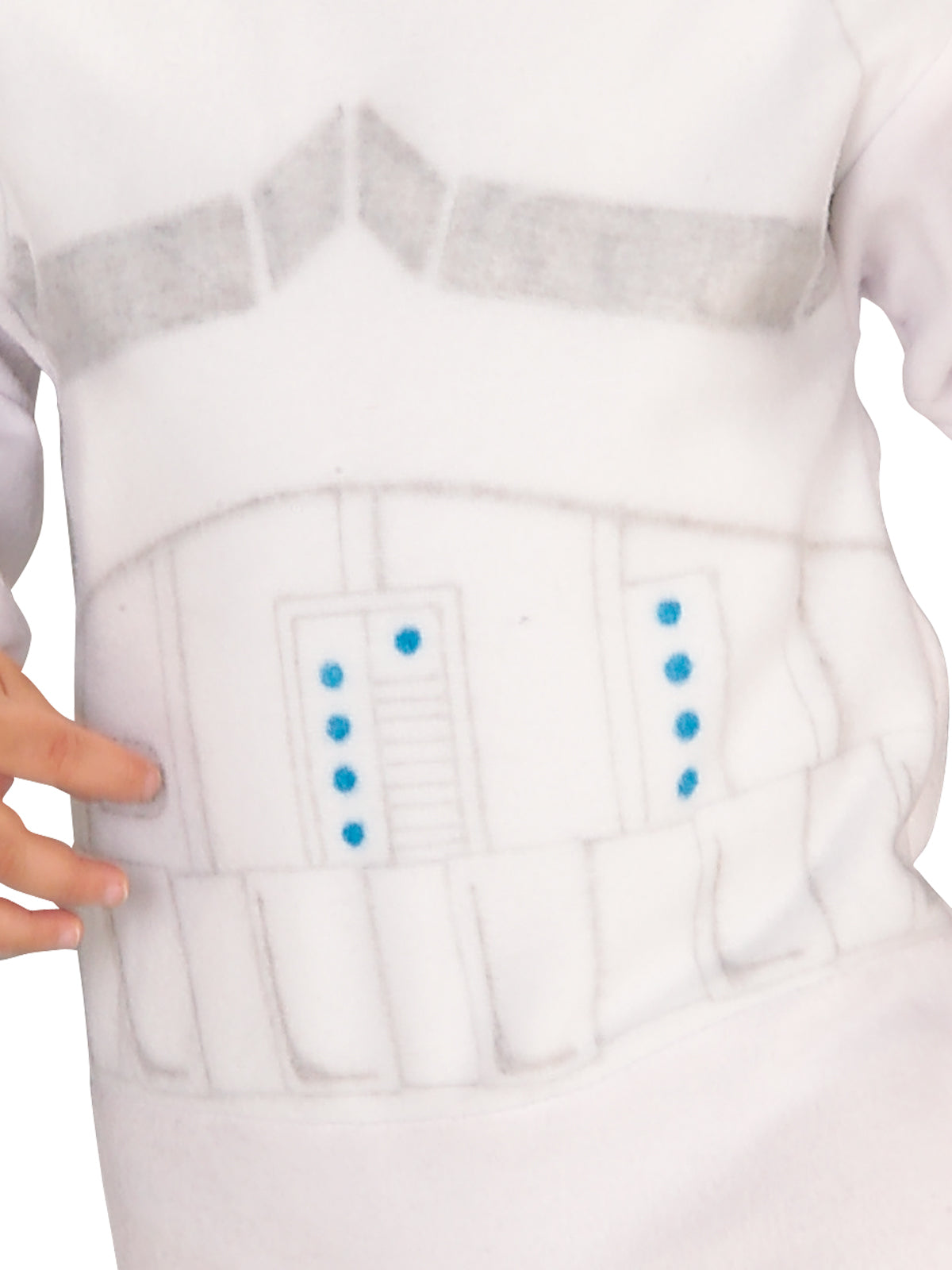 Close-up of the Stormtrooper toddler jumpsuit's printed grey and blue armour detail