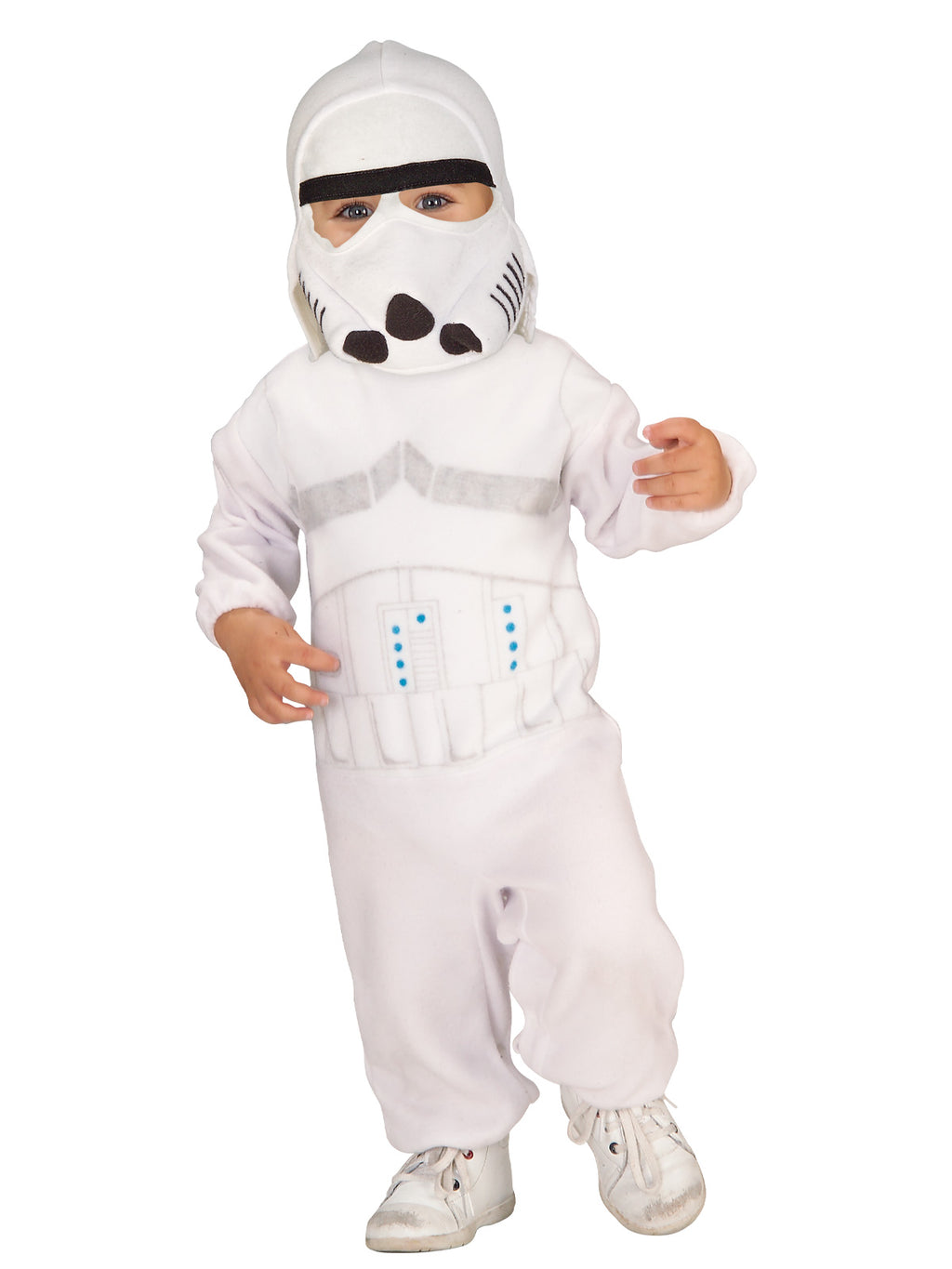 Toddler in a white fleecy Stormtrooper jumpsuit with printed armour and fabric Stormtrooper mask