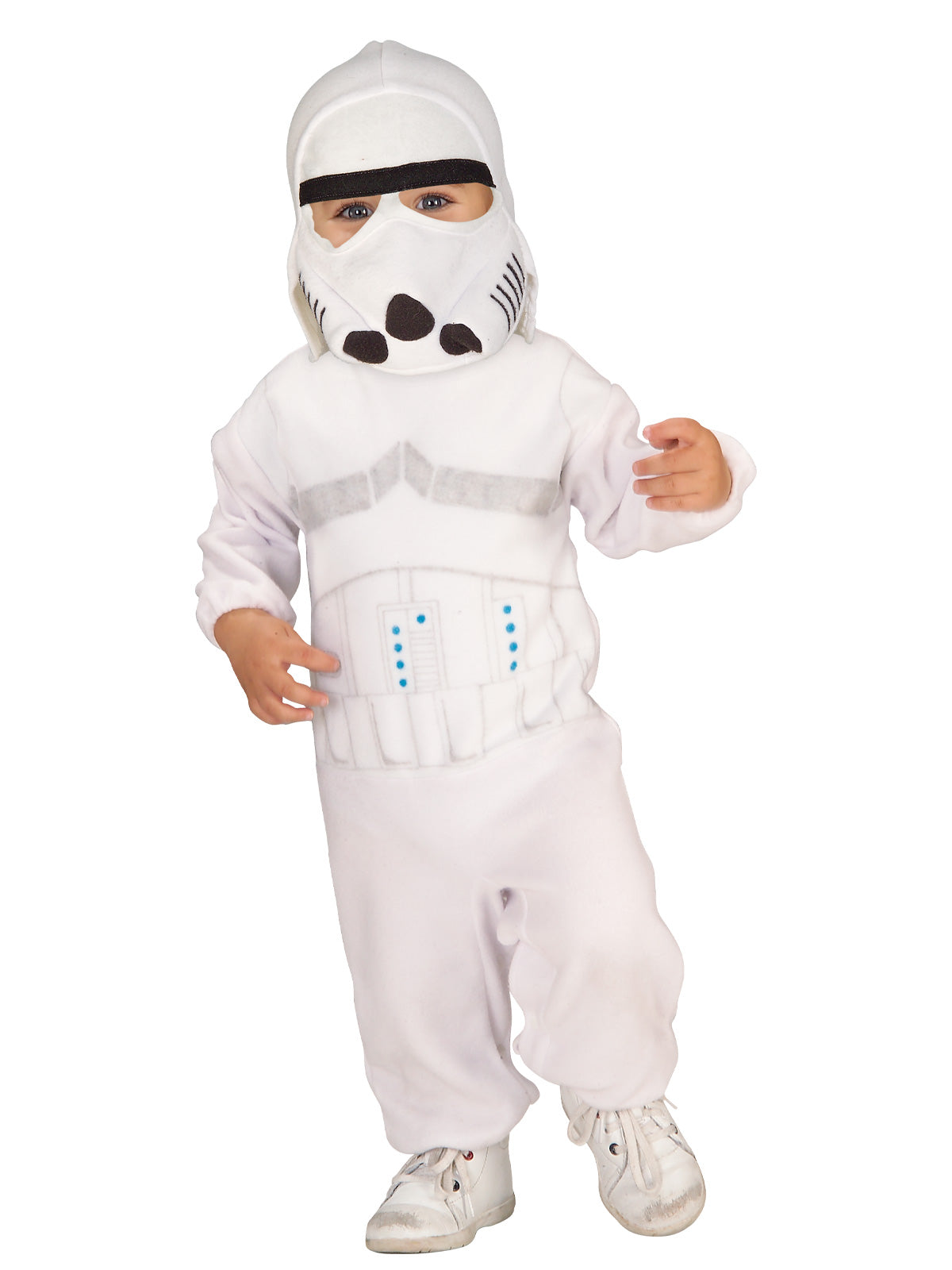 Toddler in a white fleecy Stormtrooper jumpsuit with printed armour and fabric Stormtrooper mask