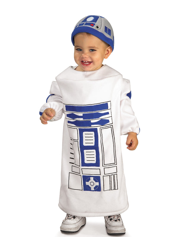 Toddler in a white R2-D2 fleece tunic with printed blue control panel and domed bonnet headpiece