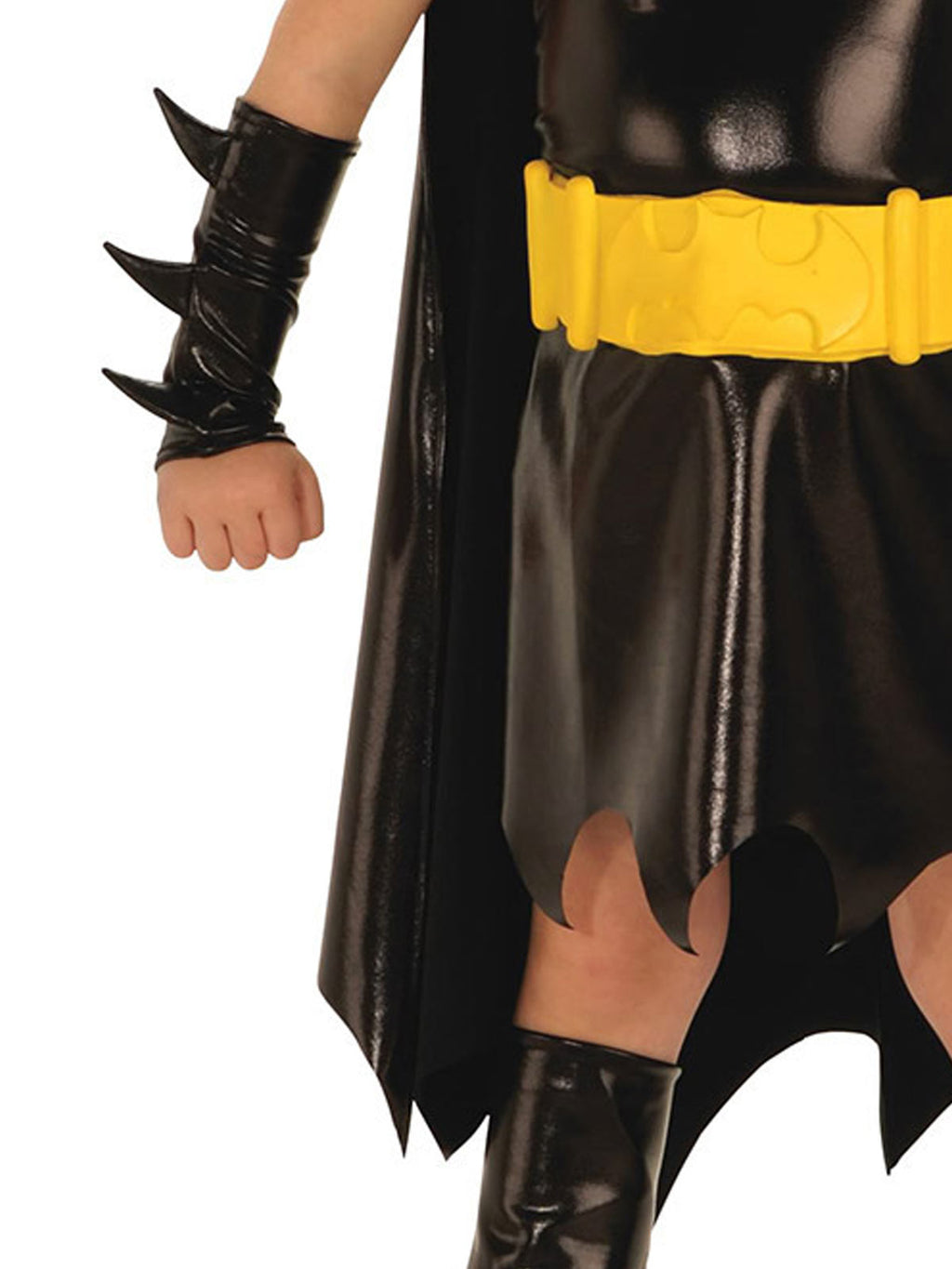 Close-up of the toddler Batgirl dress with yellow belt, scalloped hem, cape and bat-fin gauntlet