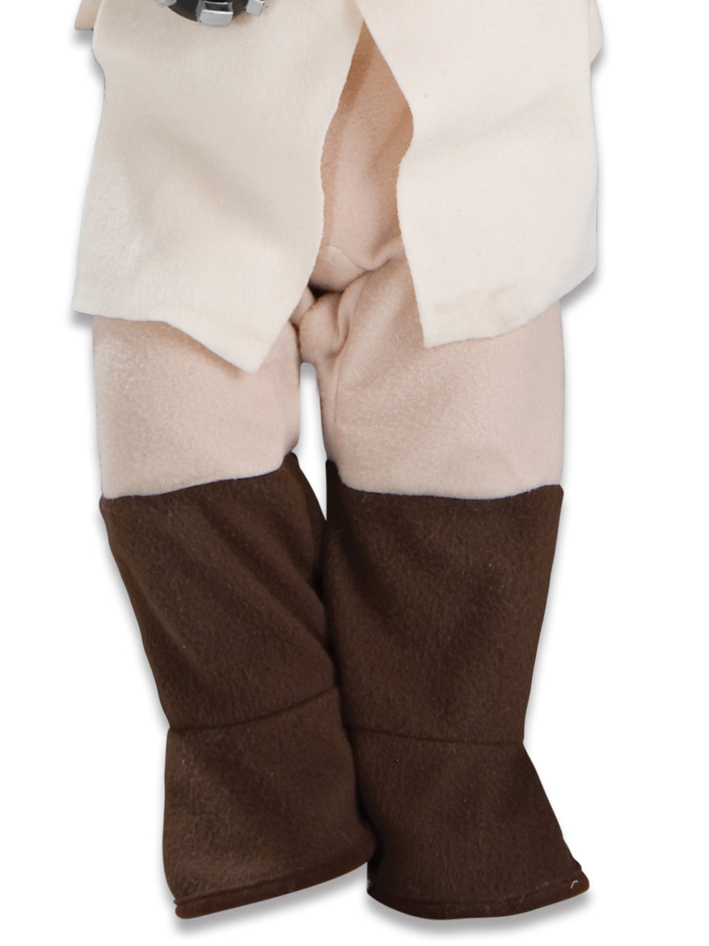 Close-up of the Obi-Wan Kenobi toddler romper's cream tunic and brown printed booties
