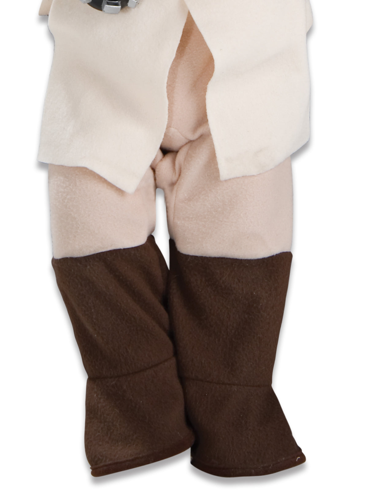Close-up of the Obi-Wan Kenobi toddler romper's cream tunic and brown printed booties