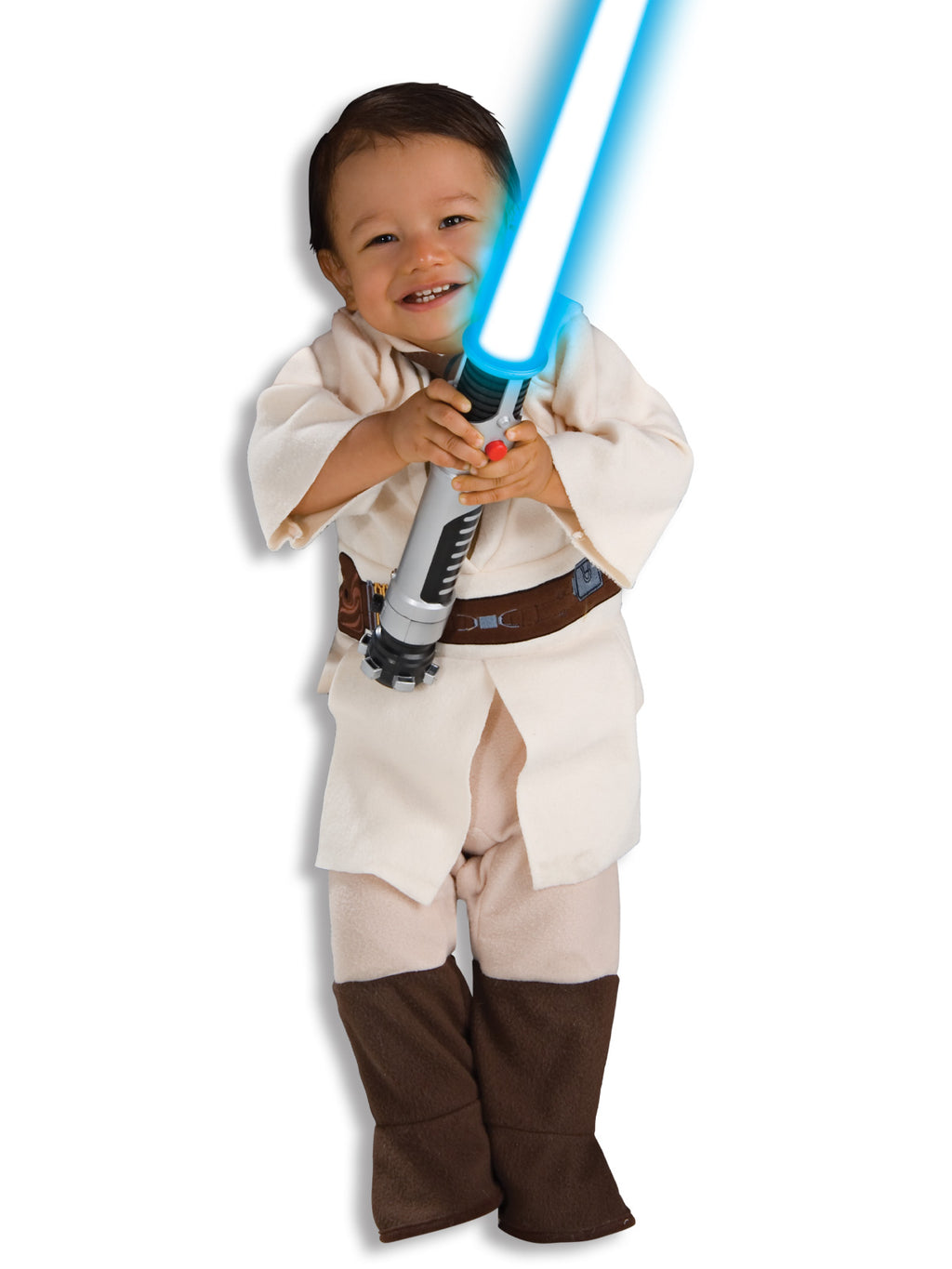 Toddler in the Star Wars Obi-Wan Kenobi romper with a cream wide-sleeved tunic, printed belt and brown boot covers