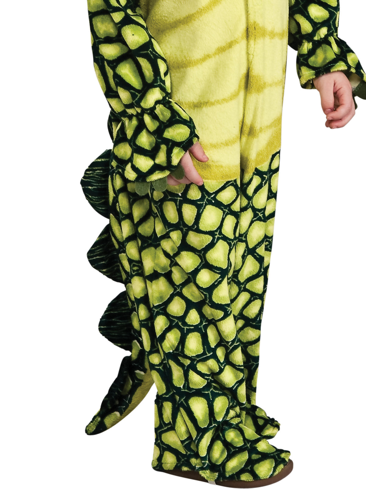 Close-up of the Triceratops jumpsuit's scaly plush legs, tail scales and shoe covers