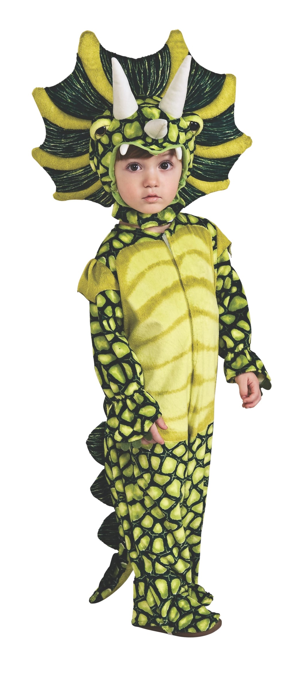Toddler in a green plush Triceratops jumpsuit with scaly print, 3D horned frill headpiece and spiky tail