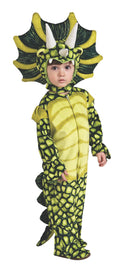 Toddler in a green plush Triceratops jumpsuit with scaly print, 3D horned frill headpiece and spiky tail