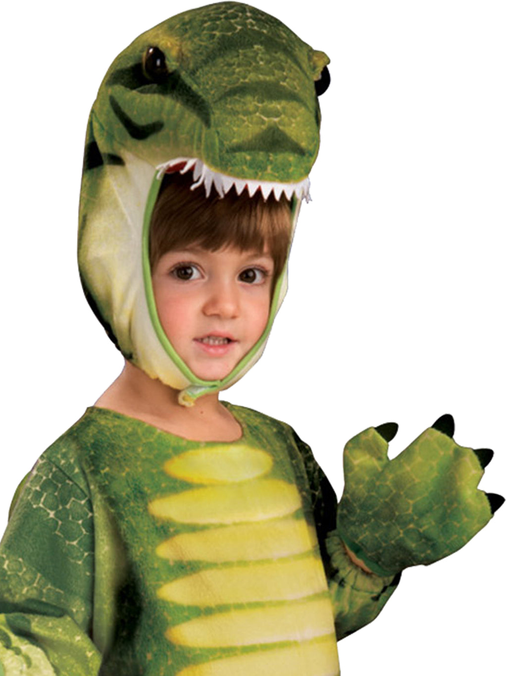 Close-up of the plush dinosaur head with teeth and claw mitt
