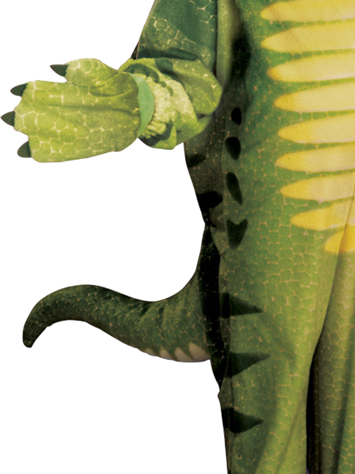 Close-up of the plush dinosaur claw mitt and tail