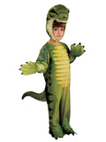 Child in green plush dinosaur jumpsuit with yellow belly, dinosaur head, tail and claw mitts