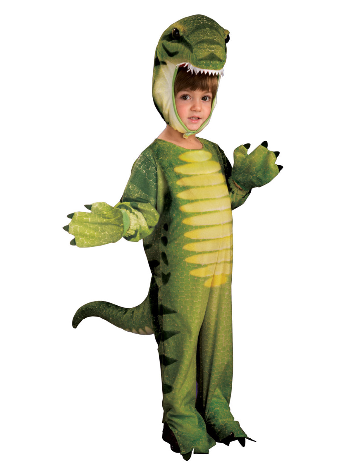 Child in green plush dinosaur jumpsuit with yellow belly, dinosaur head, tail and claw mitts