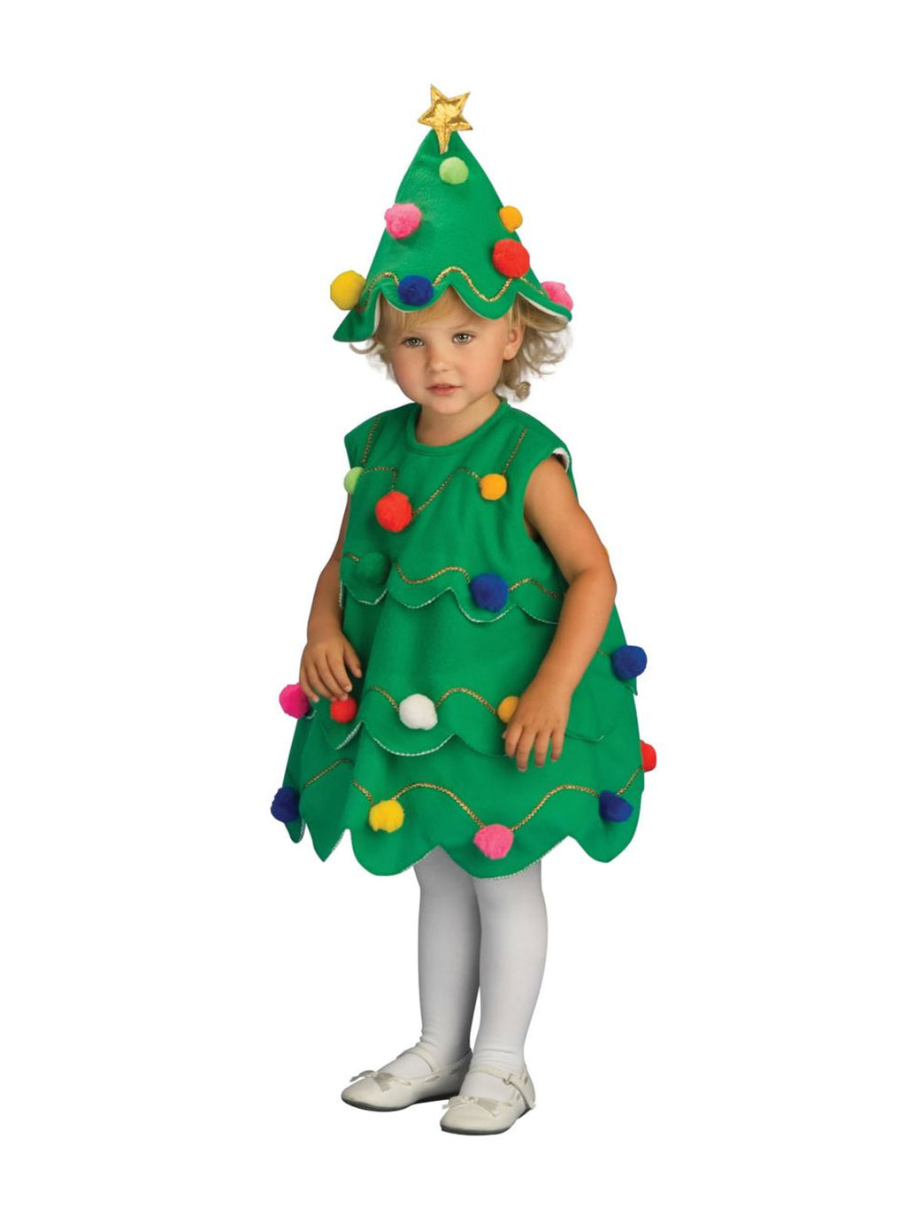Toddler in the Little Christmas Tree green felt dress with colourful pom poms and a star-topped hat