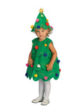 Toddler in the Little Christmas Tree green felt dress with colourful pom poms and a star-topped hat