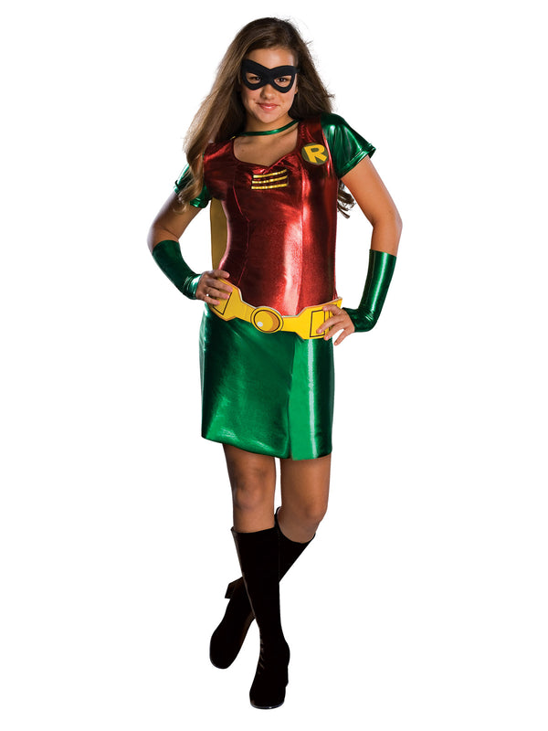 Girl wearing a Teen Titans Robin dress with metallic red bodice, green skirt, yellow cape, belt, glovelets and mask