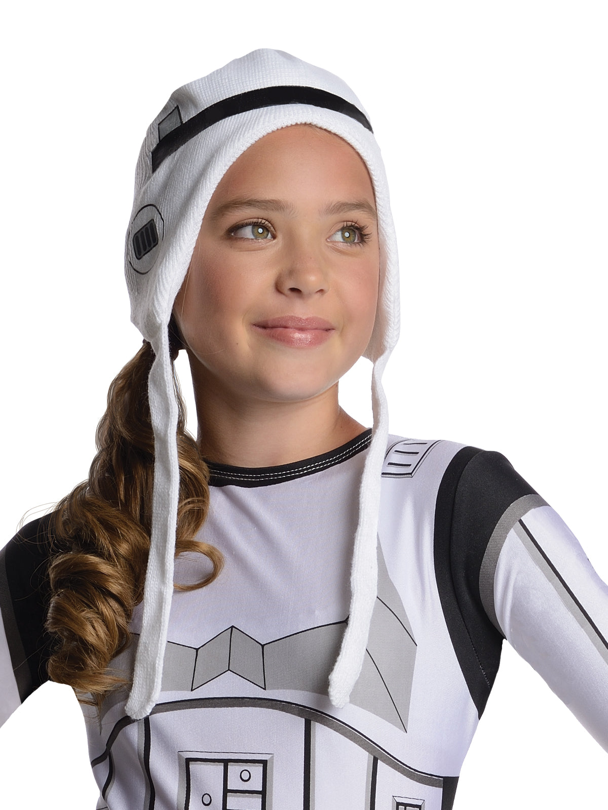 Close-up of the Stormtrooper dress's knitted-style bonnet with tassels