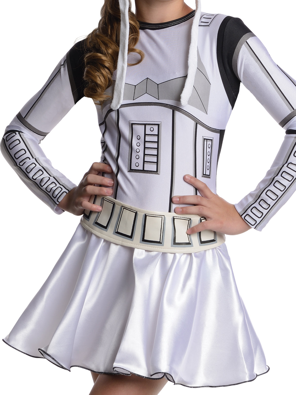 Close-up of the Stormtrooper satin dress's printed armour, sleeve panels and printed belt